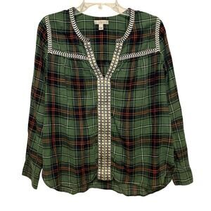 J.Crew Top Womens 10 Plaid Green Geometric Trim Western Aztec Boho Fall V-Neck